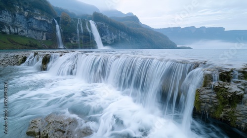 A mesmerizing long-exposure photograph capturing the serene beauty of a cascading waterfall surrounded by lush greenery and misty mountains.