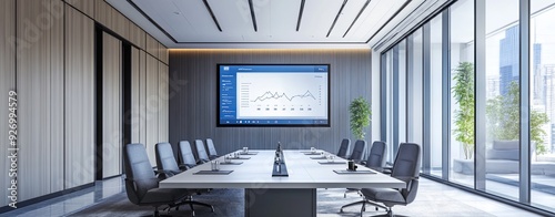 A meeting room setup with a large screen showing cloud-synced documents, smart devices on the table for real-time collaboration, clear light, realistic photo 8K