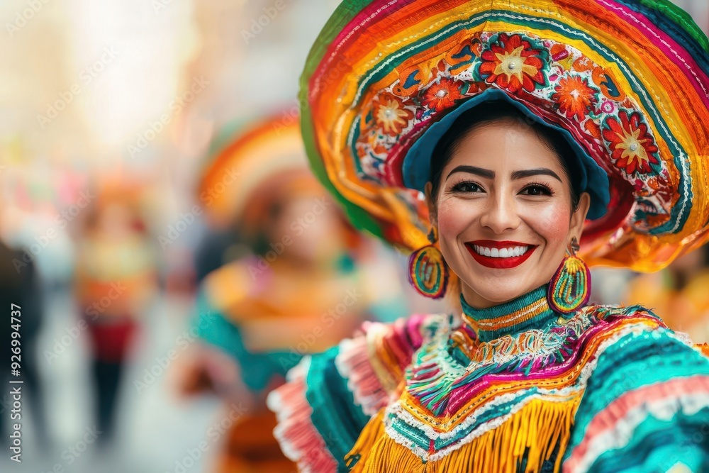 Fototapeta premium Colorful procession of people in traditional Latin American festival costumes, marching down a busy street, Festival procession, Cultural Celebration