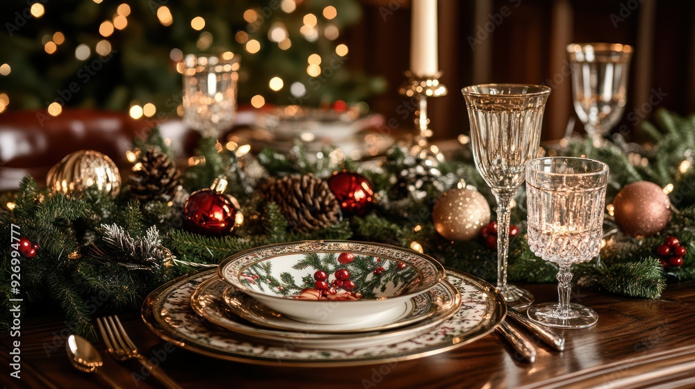 Naklejka premium Christmas dinner setting with elegantly arranged tableware and twinkling lights