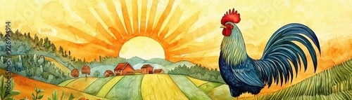 Vibrant rooster crowing at sunrise over lush farmland, embodying the beauty of rural life and nature's awakening. photo