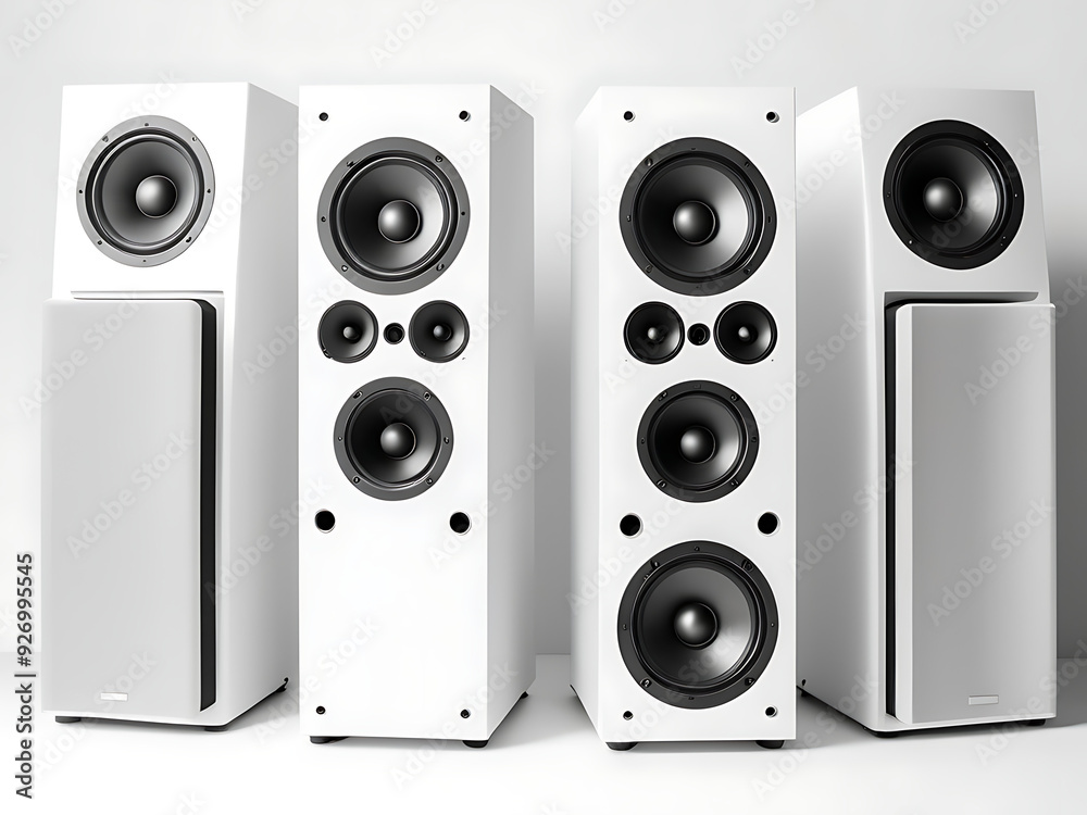 Fototapeta premium A loudspeakers for music and sound surround home theatre system placed in bright white isolated background with copy space, sound system banner design