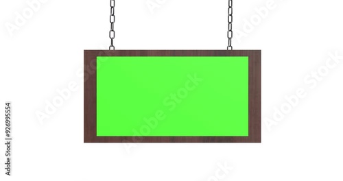 3d rendered wooden signboard  hanging with chain animation on white background,3d wooden sign board