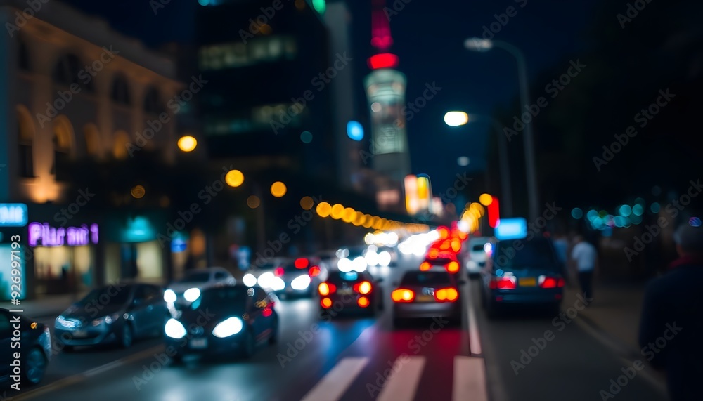 A blurred night cityscape with street lights, traffic, and buildings in the background A blurred night cityscape with street lights, traffic, and buildings in the background