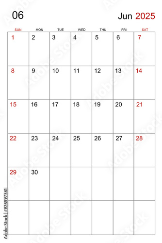 A June 2025 calendar vertical template on white background.