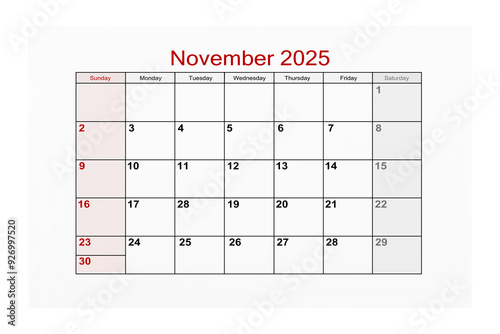 November 2025 Calendar page for 2025 year isolated on white background, Save clipping path.