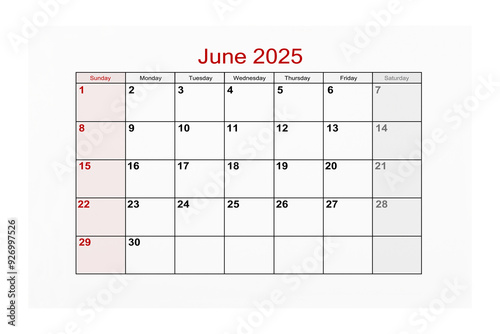 June 2025 Calendar page for 2025 year isolated on white background, Save clipping path.