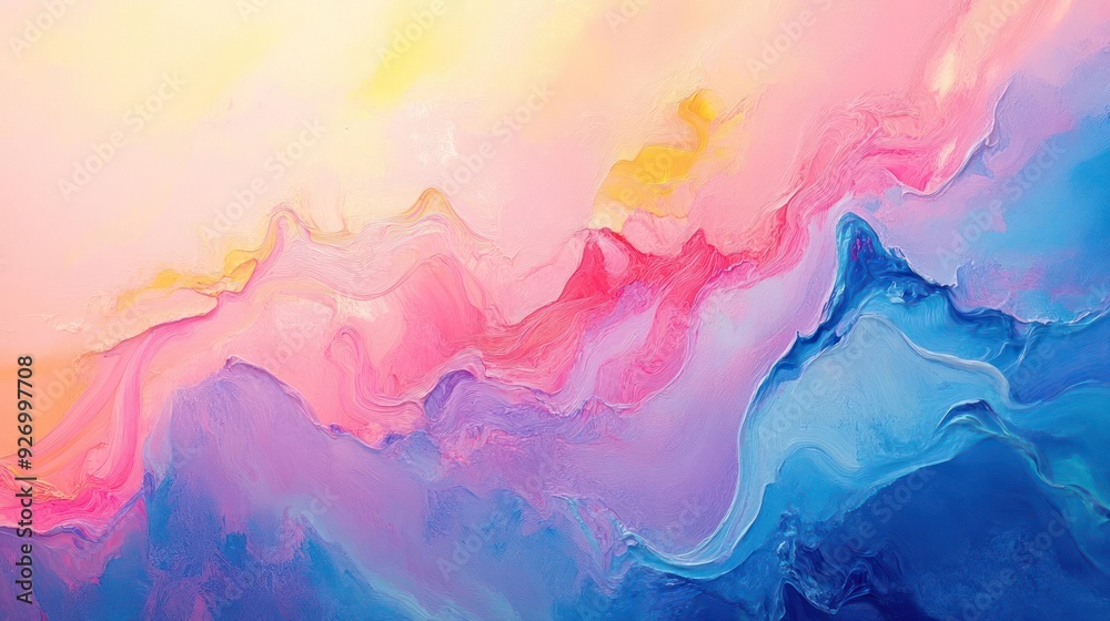Colorful painting of abstract swirls and waves with a gradient background transitioning from blue to Colorful painting of abstract swirls and waves with a gradient background transitioning from blue to