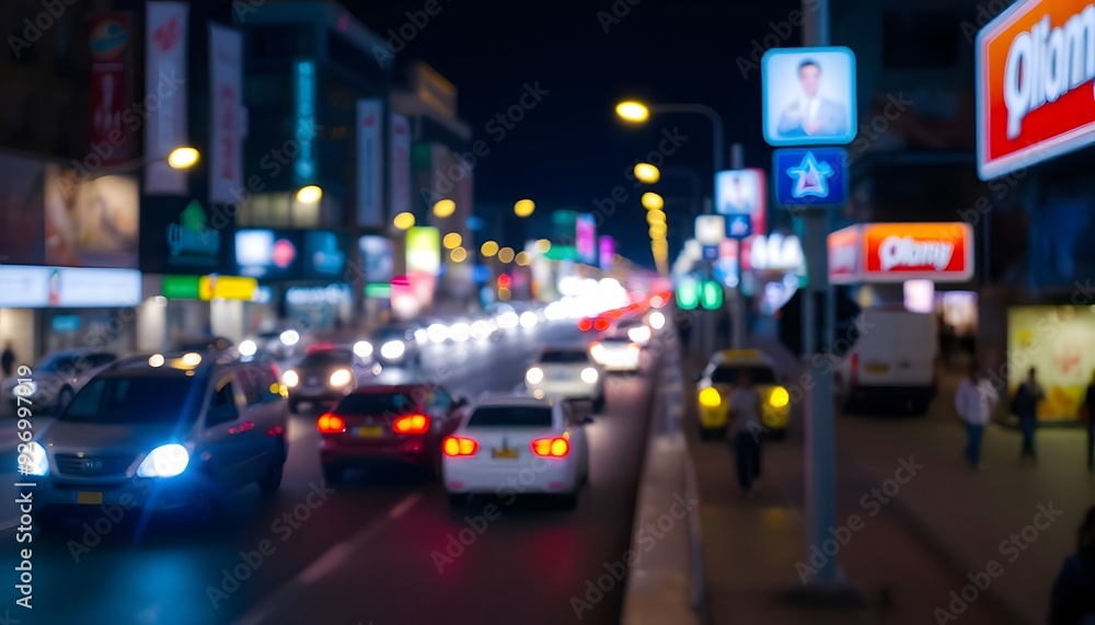 A blurred night cityscape with street lights, traffic, and buildings in the background A blurred night cityscape with street lights, traffic, and buildings in the background