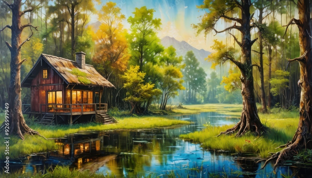 Autumn landscape with a house by a pond in a park with reflections in the water and colorful fall trees Autumn landscape with a house by a pond in a park with reflections in the water and colorful fall trees