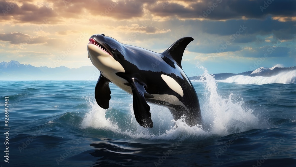 Fototapeta premium Majestic orca breaching the surface of the ocean, powerful and elegant, dramatic 