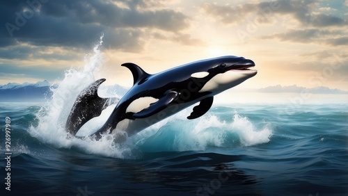 Majestic orca breaching the surface of the ocean, powerful and elegant, dramatic  photo