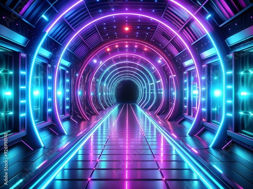 Futuristic Neon Light Tunnel with Electric Blue and Purple Glows 