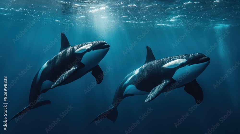 Fototapeta premium Two orcas swim gracefully underwater in a deep blue ocean