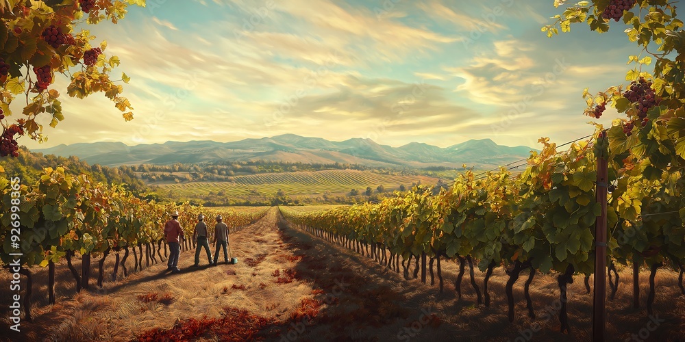 Fototapeta premium Vineyard at Harvest Time with Lush Grape Vines, Rolling Hills, and Workers Collecting Bountiful Crops. 