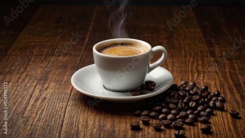Steaming mug filled with dark roasted coffee, surrounded by aromatic coffee beans