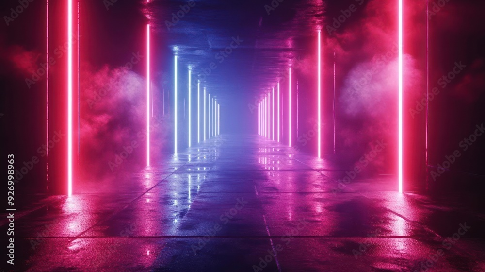 Illuminated tunnel of colorful lights and smoke, with rainbow beams leading the way. Illuminated tunnel of colorful lights and smoke, with rainbow beams leading the way.