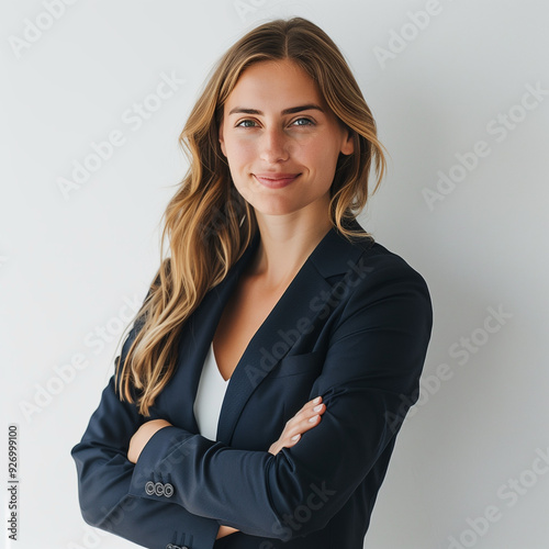 A confident businesswoman in her 30s, wearing a suit, standing with arms crossed