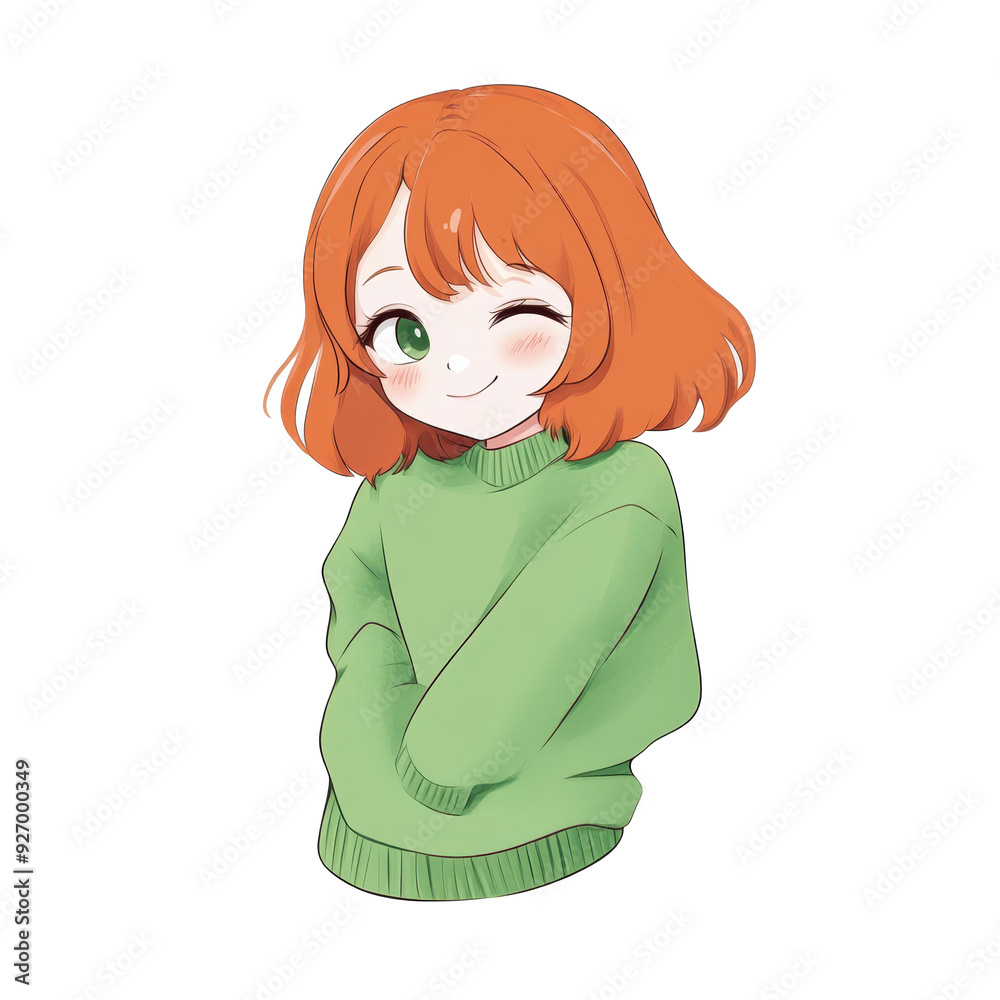 Delightful Kawaii style girl sticker in a pastel green jumper, winking cheerfully with cute accessories and soft art vibes. Delightful Kawaii style girl sticker in a pastel green jumper, winking cheerfully with cute accessories and soft art vibes.