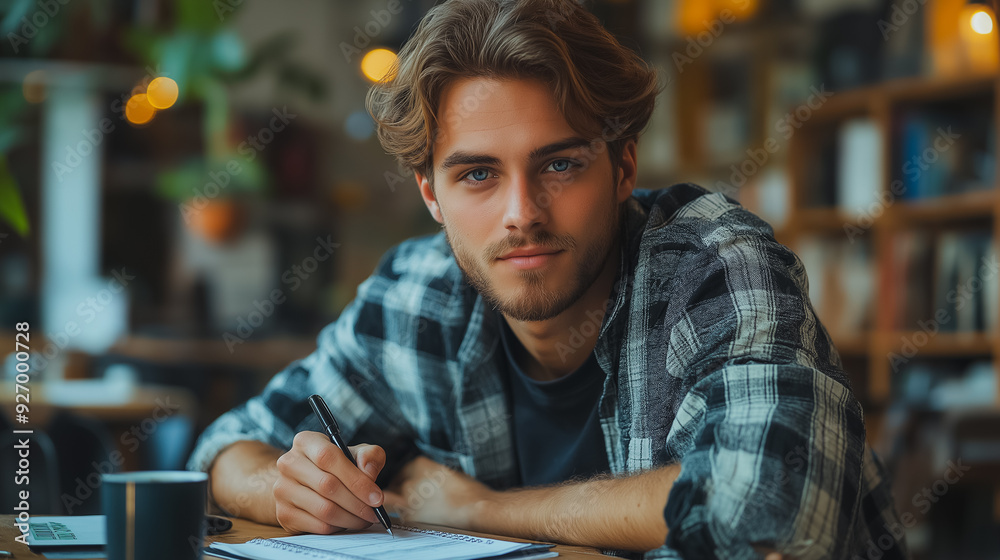 Portrait of young business man in casual attire, writing and calculating at desk, freelance work setting Portrait of young business man in casual attire, writing and calculating at desk, freelance work setting