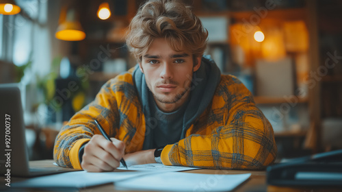 Portrait of young business man in casual attire, writing and calculating at desk, freelance work setting