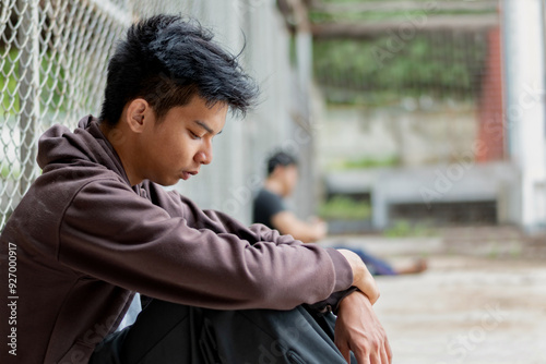 Asian teenboy in a black shirt sits with his knees pressed against a metal fence panel in a juvenile detention facility, awaiting further release, freedom and detention of people concept.