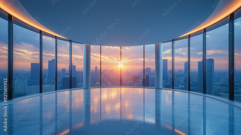 Fototapeta premium a large, modern room with floor-to-ceiling windows showing a city skyline at sunset.