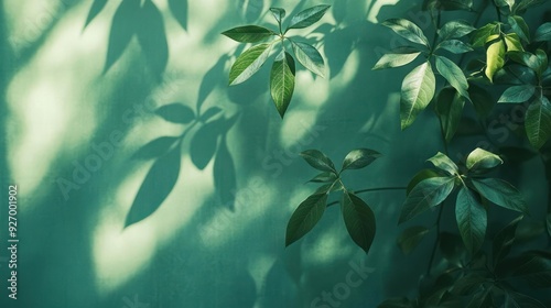 A close-up of green leaves and a shadow on the wall from trees,