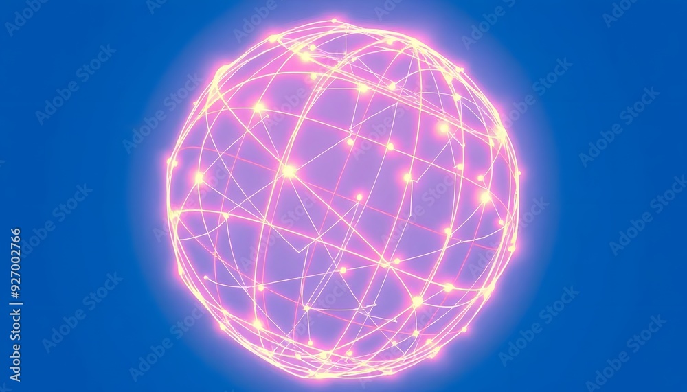 A glowing transparent globe with a network of lines connecting different parts of the world, against a bright blue background A glowing transparent globe with a network of lines connecting different parts of the world, against a bright blue background