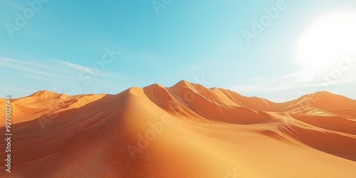 desert landscape with desert, Stunning Desert Landscape with Expansive Dunes, Clear Blue Sky, and a Serene, Arid Environment.