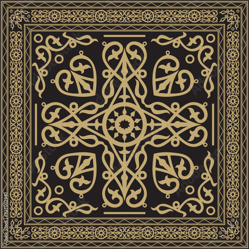 Vector golden and black square Yakut ornament. An endless rectangular border, a frame of the northern peoples of the Far East.