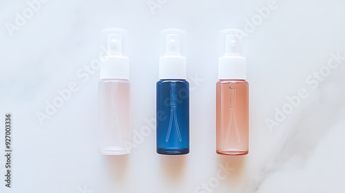 Three clear plastic bottles, one white, one blue, and one orange, with pump tops. There is also a green leaf branch.