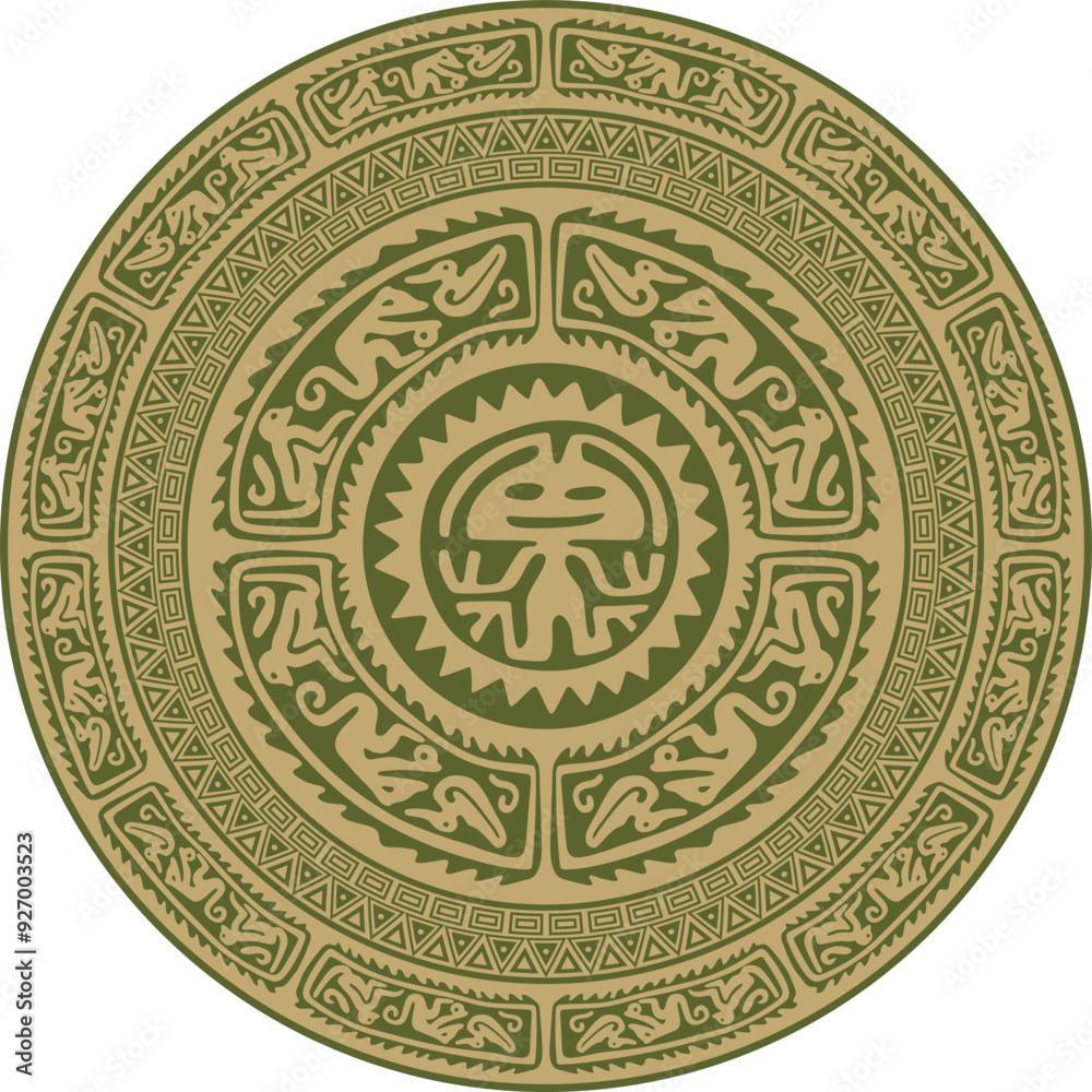 Native American vector round gold with green pattern. Geometric shapes in a circle. National ornament of the peoples of America, Maya, Aztecs, Incas Native American vector round gold with green pattern. Geometric shapes in a circle. National ornament of the peoples of America, Maya, Aztecs, Incas