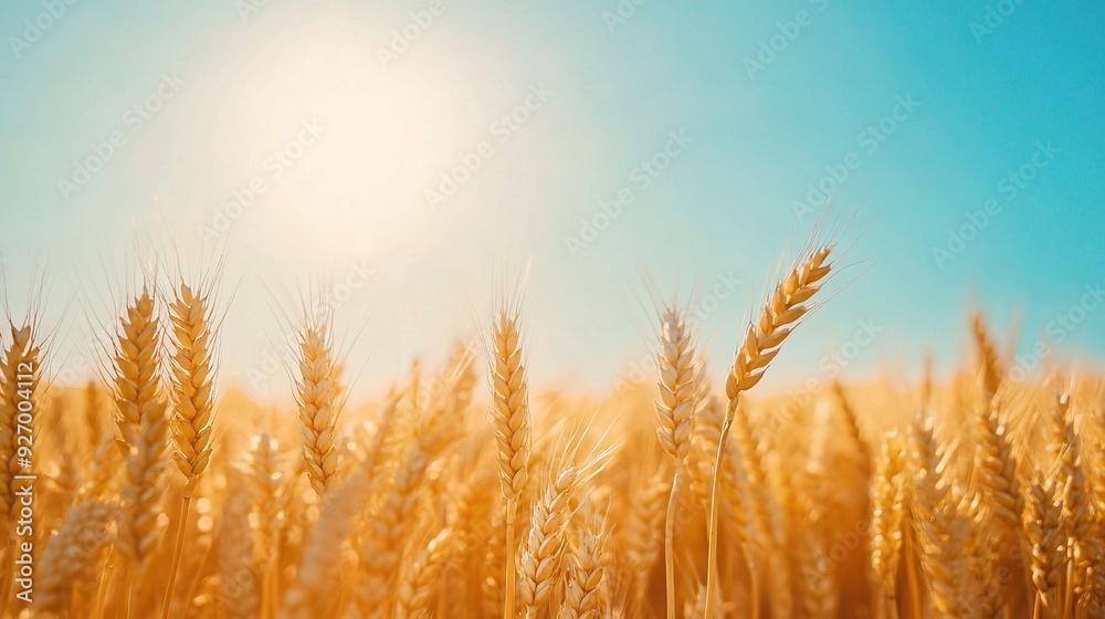 Fototapeta premium Golden Wheat Field Under a Summer Sun: A breathtaking shot of golden wheat stalks swaying in the breeze under a radiant summer sun, with a brilliant blue sky as a backdrop.