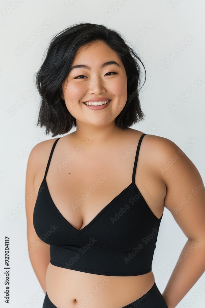 Portrait of a smiling young woman wearing a black sports bra, standing against a white background. Portrait of a smiling young woman wearing a black sports bra, standing against a white background.