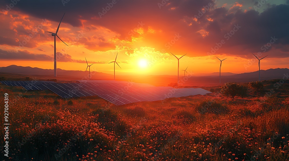 modern battery energy storage system with wind turbines and solar panel power plants in the background at sunset design modern battery energy storage system with wind turbines and solar panel power plants in the background at sunset design