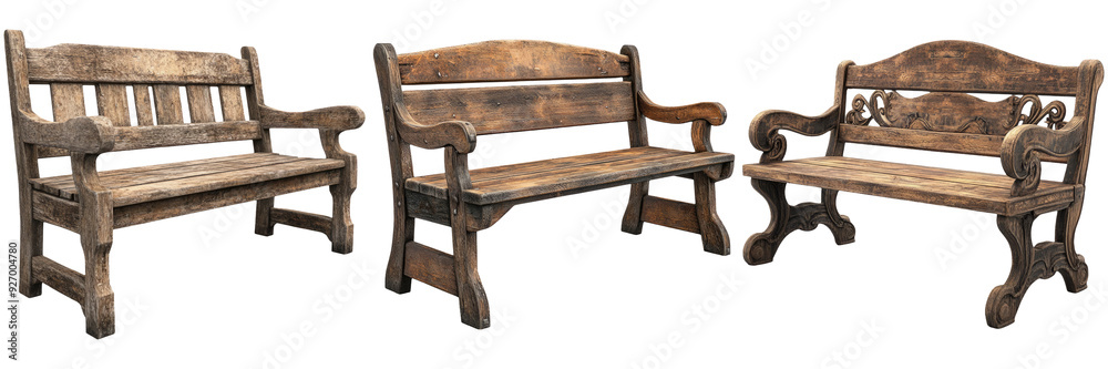 Wooden benches with intricate carvings and rustic design isolated on transparent background Wooden benches with intricate carvings and rustic design isolated on transparent background
