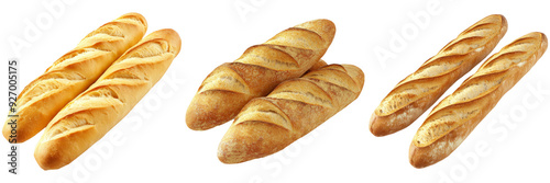 Freshly baked baguettes in different arrangements isolated on transparent background photo