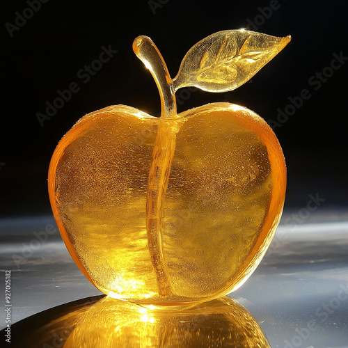 Golden heart shaped glass cup filled with amber liquid, isolated on white background photo