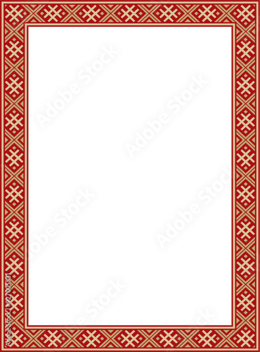 Vector red gold square belarusian national ornament frame. Ethnic pattern rectangle of Slavic peoples, Russian, Ukrainian, Serb, Pole, Bulgarian. Cross stitch templat