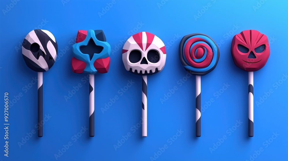 Halloween lollipops with skulls and spooky patterns in vibrant colors on a blue background, ideal for candy-themed illustrations, Halloween party designs, and festive treat graphics Halloween lollipops with skulls and spooky patterns in vibrant colors on a blue background, ideal for candy-themed illustrations, Halloween party designs, and festive treat graphics