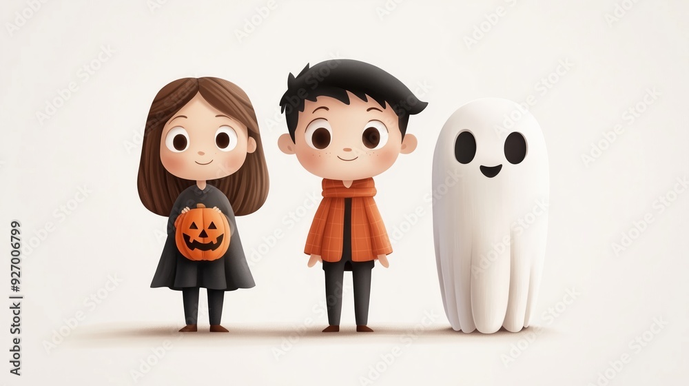 Fototapeta premium Cute Halloween Characters: Girl with Pumpkin, Boy in Scarf, and Friendly Ghost, Set Against a Soft White Background