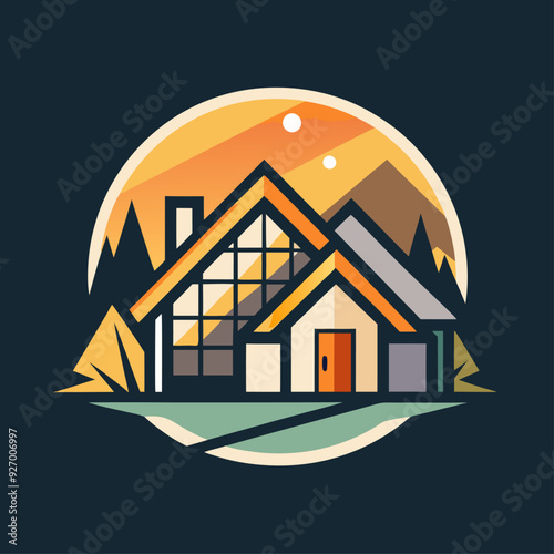 Modern Home Illustration with Mountain and Sunset Background