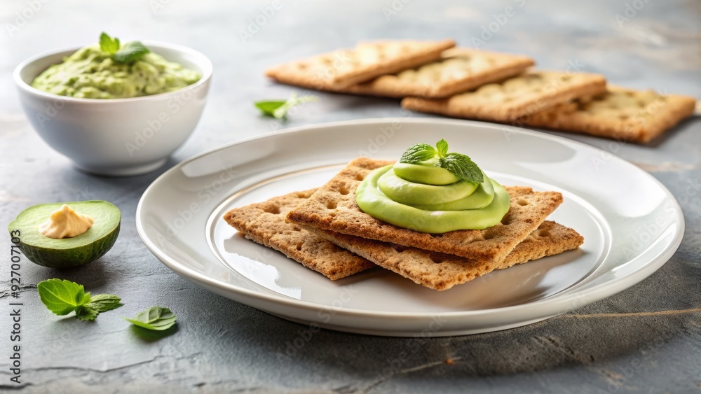 crisp minimalist composition highlighting whole grain crackers and creamy avocado spread on white porcelain plate with neutral shadows crisp minimalist composition highlighting whole grain crackers and creamy avocado spread on white porcelain plate with neutral shadows