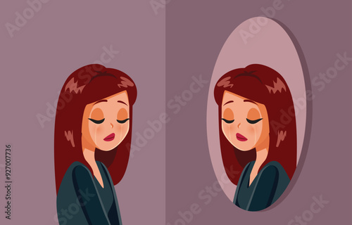 Unhappy Woman Looking in the Mirror Vector Cartoon Illustration. Tearful girl being sad and alone filled with insecurities  
