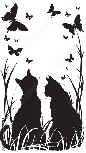 Silhouettes of cats with butterflies Vector