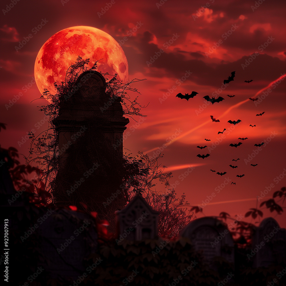 Fototapeta premium an immense full moon in a cloudy nighttime sky, a swarm of bats takes flight from the crumbling crypt and tilted, ivy-entangled headstones in the foreground of a long-abandoned village graveyard