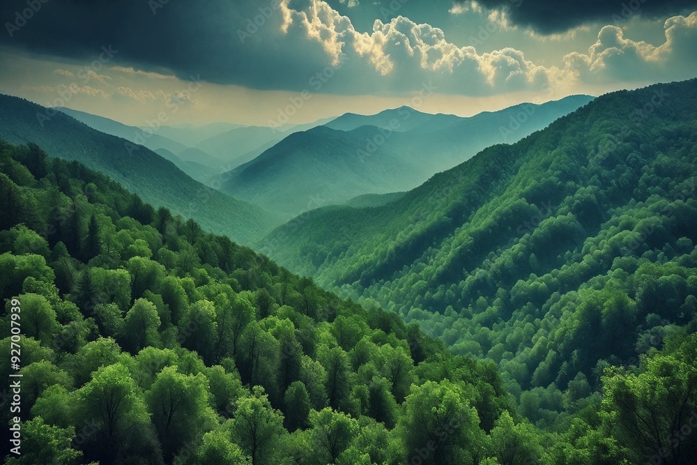 Obraz premium Mountainous Landscape with Lush Forests under Dramatic Sky