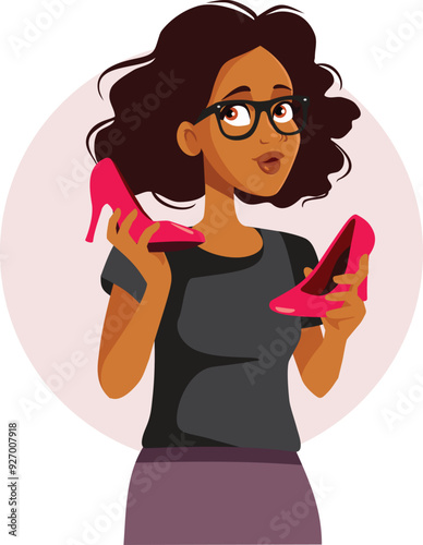 Confused Girl Holding High Heels Vector Cartoon Illustration. Unhappy Girl being puzzled in choosing footwear 
