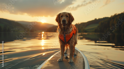 Fototapeta Naklejka Na Ścianę i Meble -  Stand up Paddle Board, SUP. Golden Retriever paddleboarding on a serene lake at sunset, wearing a life jacket, with golden hour reflections shimmering on the water. Image made using Generative AI.